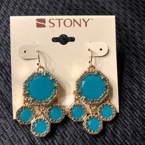 Aqua and Gold Tone Drop Earrings